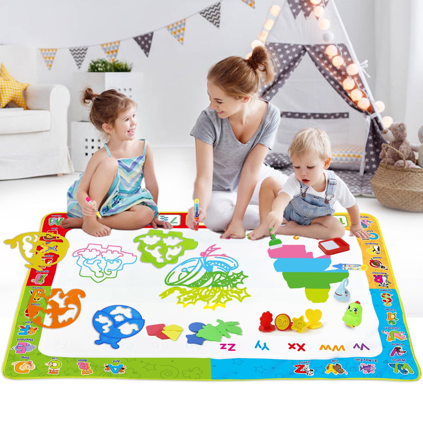 Joyfia Water Doodle Mat, 42 X 32 Inches Kids Toys Large Water Drawing Mat for Toddlers, Mess Free Painting Coloring Mat with Pens and Drawing Molds, Educational Toys Gifts for Boys Girls Age 3+