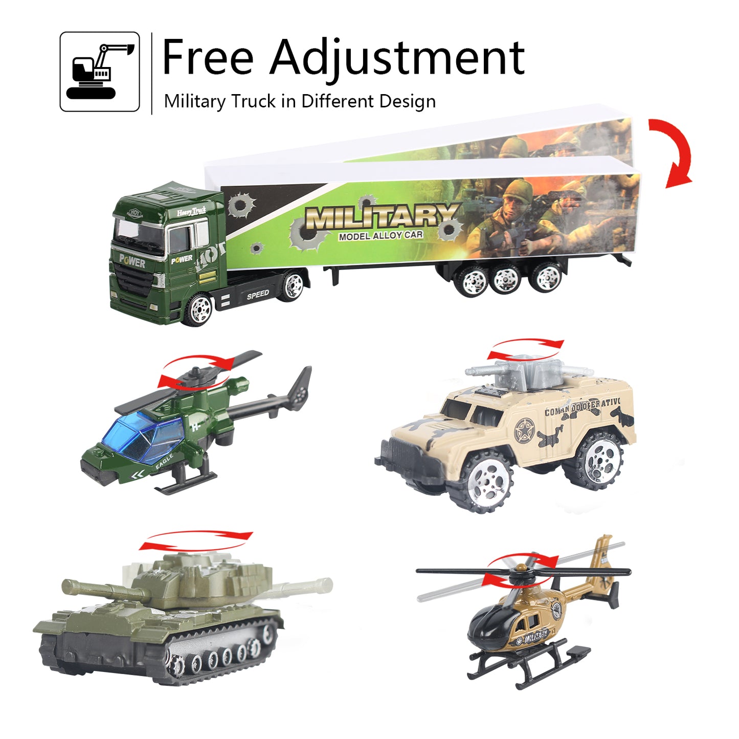 Joyfia 10 in 1 Die-cast Military Vehicle Toy, Army Transport Car Carrier Toy for Boys & Kids, Truck Toy with Mini Battle Cars Playsets, Gift for 3+ Years Old Toddlers, Party Supplies