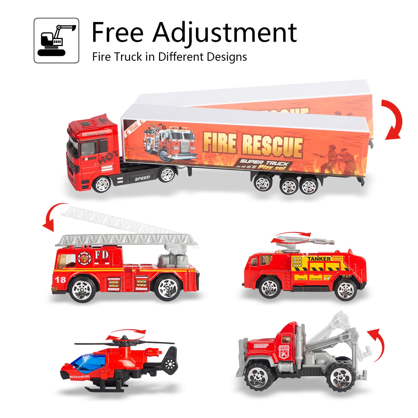 Joyfia 10 in 1 Fire Truck Toys, Mini Die-cast Fire Engine Car Toy Set in Carrier Truck, Rescue Emergency Double Side Transport Vehicle for 3 Years Old Boys and Girls