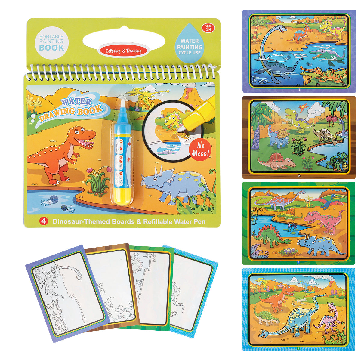 Joyfia Water Drawing Books, Mess-Free Coloring Books for Toddlers, Water Doodle Painting Board with Pen, Educational Birthday Gift Toys for Kids Girls Boys (Dinosaur & Cartoon & Vehicle)