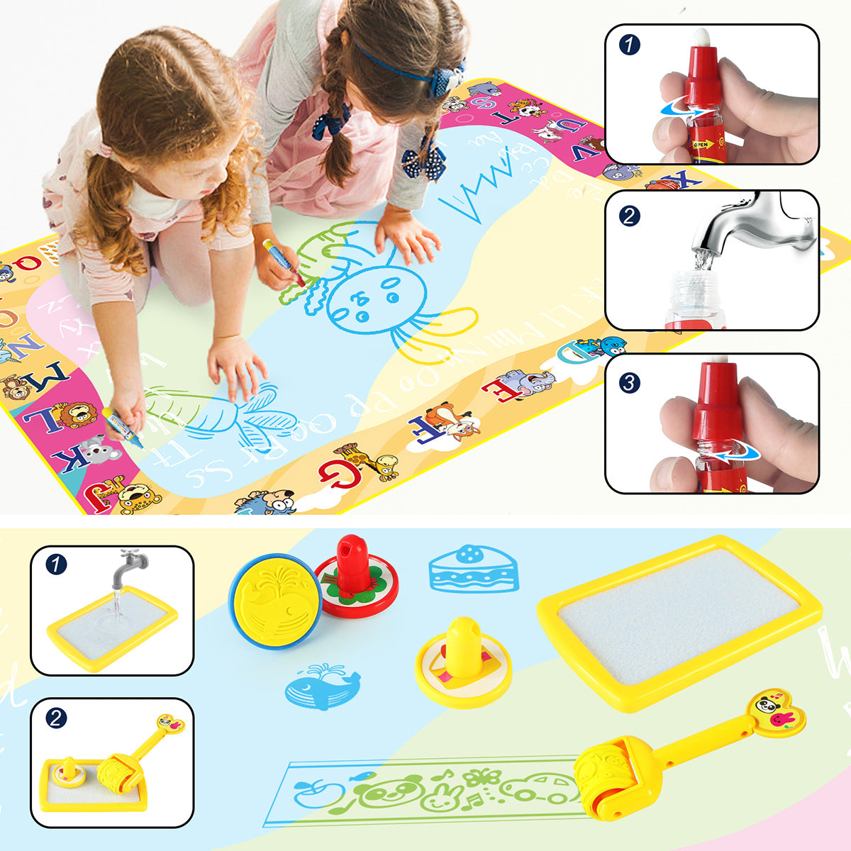 Joyfia Kids Doodle Mat, Water Doodle Drawing Pad Mat Toy, Painting Coloring Board Set for Toddlers, Educational Gift Toys for Girls Boys Age 3 - 12 Years, Mess Free Pens Markers