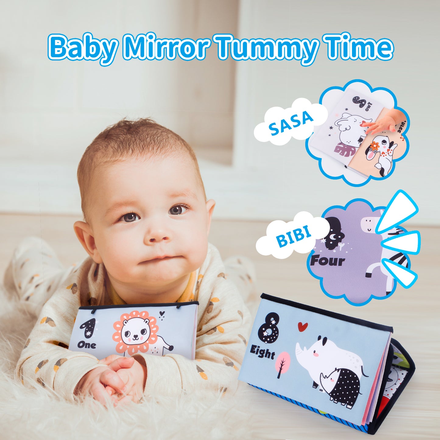 Joyfia Tummy Time Mirror, Baby Floor Mirror with Soft Crinkle Cloth Book, Teethers, High Contrast Black and White Patterns Activity Developmental Gift Toys for Newborn Infants Boys Girls 0-12 Months