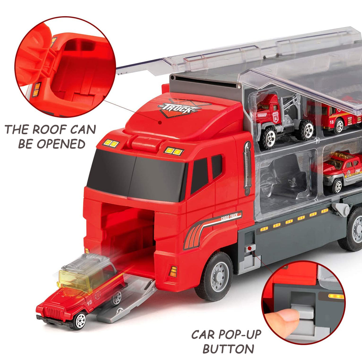 Joyfia 10 in 1 Fire Truck Toys, Mini Die-cast Fire Engine Car Toy Set in Carrier Truck, Rescue Emergency Double Side Transport Vehicle for 3 Years Old Boys and Girls