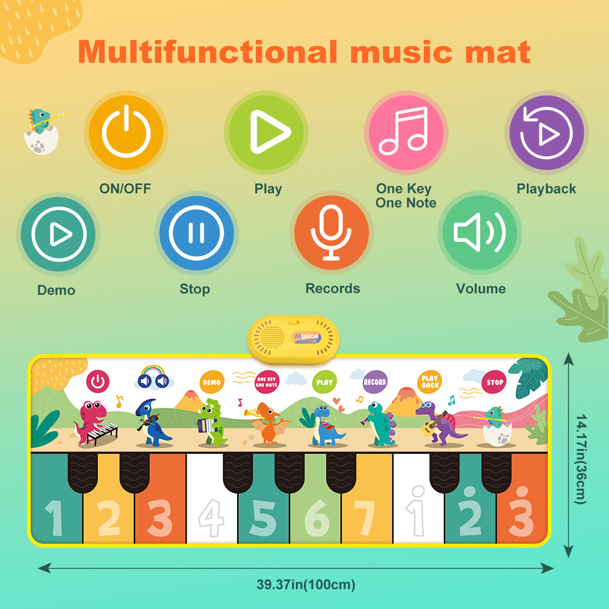 Joyfia Piano Mat, 39" X 14" Musical Mat 8 Instrument Sounds Keyboard Mat for Toddlers Touch Play, Dinosaur Dance Mat with 17 Keys, 6 Play Modes, Floor Piano Toy for 3 Year Old Girls Boys Gifts