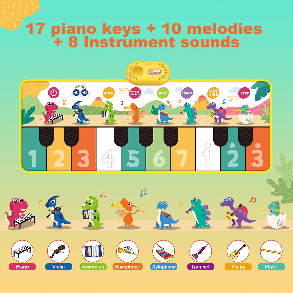 Joyfia Piano Mat, 39" X 14" Musical Mat 8 Instrument Sounds Keyboard Mat for Toddlers Touch Play, Dinosaur Dance Mat with 17 Keys, 6 Play Modes, Floor Piano Toy for 3 Year Old Girls Boys Gifts