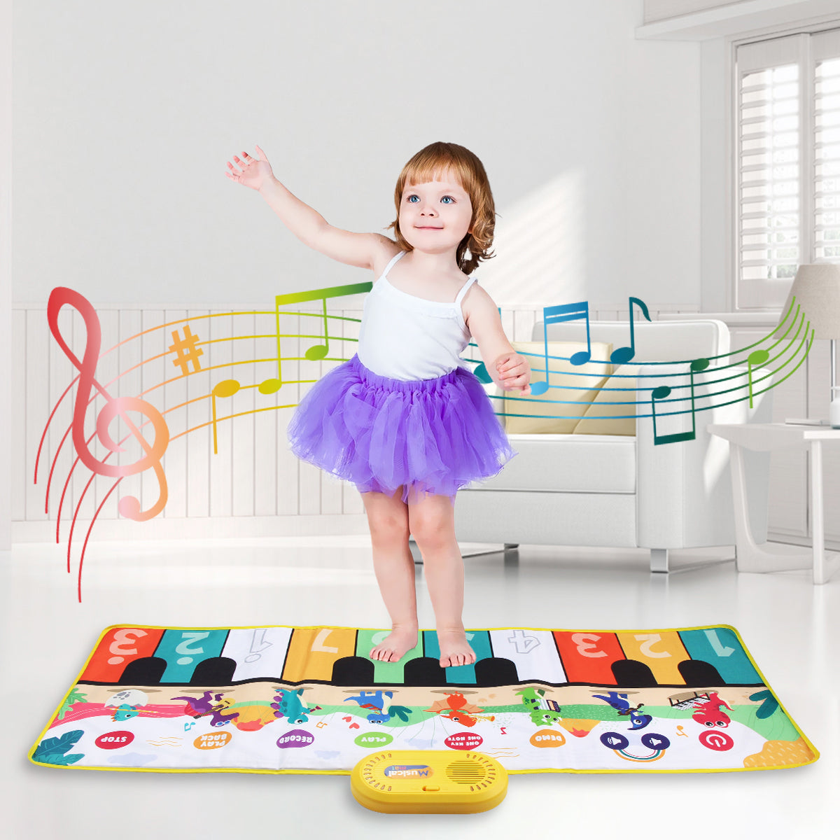 Joyfia Piano Mat, 39" X 14" Musical Mat 8 Instrument Sounds Keyboard Mat for Toddlers Touch Play, Dinosaur Dance Mat with 17 Keys, 6 Play Modes, Floor Piano Toy for 3 Year Old Girls Boys Gifts