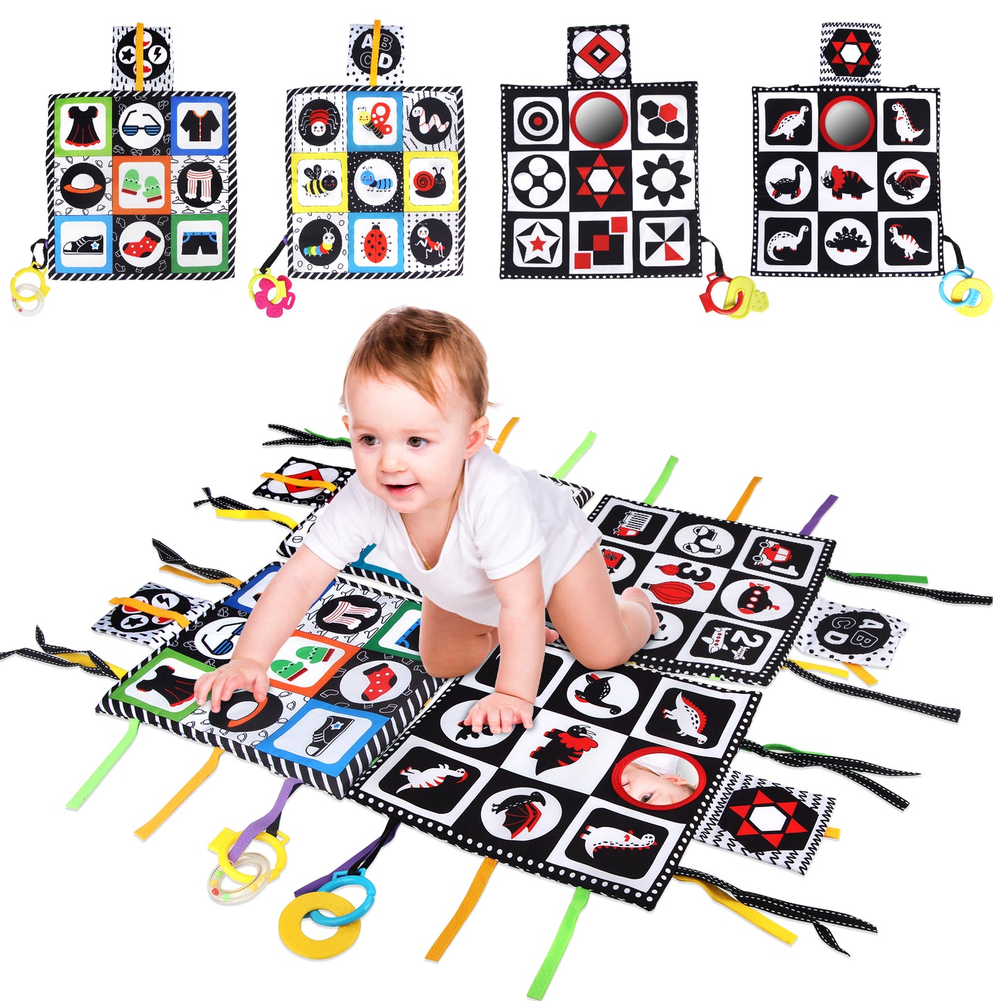 Joyfia Tummy Time Floor Mirror, High Contrast Activity Play Mat for Newborns, Black and White Baby Cloth Book with Teether, Educational Sensory Toys Gift for Infants Boys Girls 0-12 Months (4Pack)