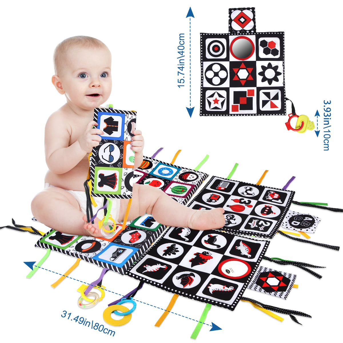 Joyfia Tummy Time Floor Mirror, High Contrast Activity Play Mat for Newborns, Black and White Baby Cloth Book with Teether, Educational Sensory Toys Gift for Infants Boys Girls 0-12 Months (4Pack)