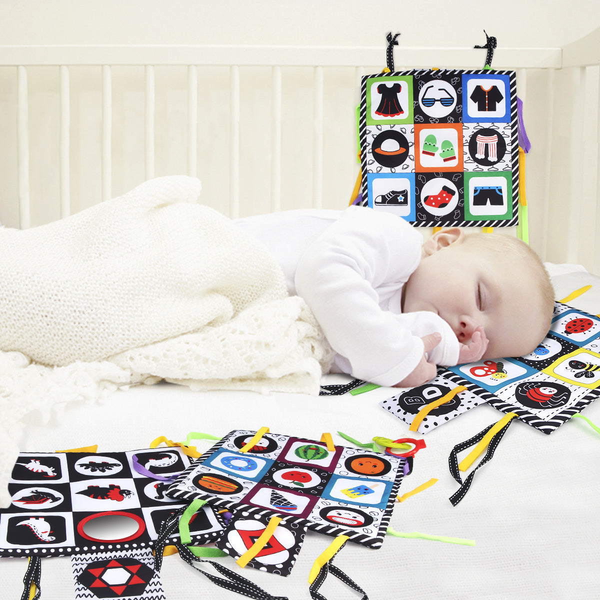 Joyfia Tummy Time Floor Mirror, High Contrast Activity Play Mat for Newborns, Black and White Baby Cloth Book with Teether, Educational Sensory Toys Gift for Infants Boys Girls 0-12 Months (4Pack)