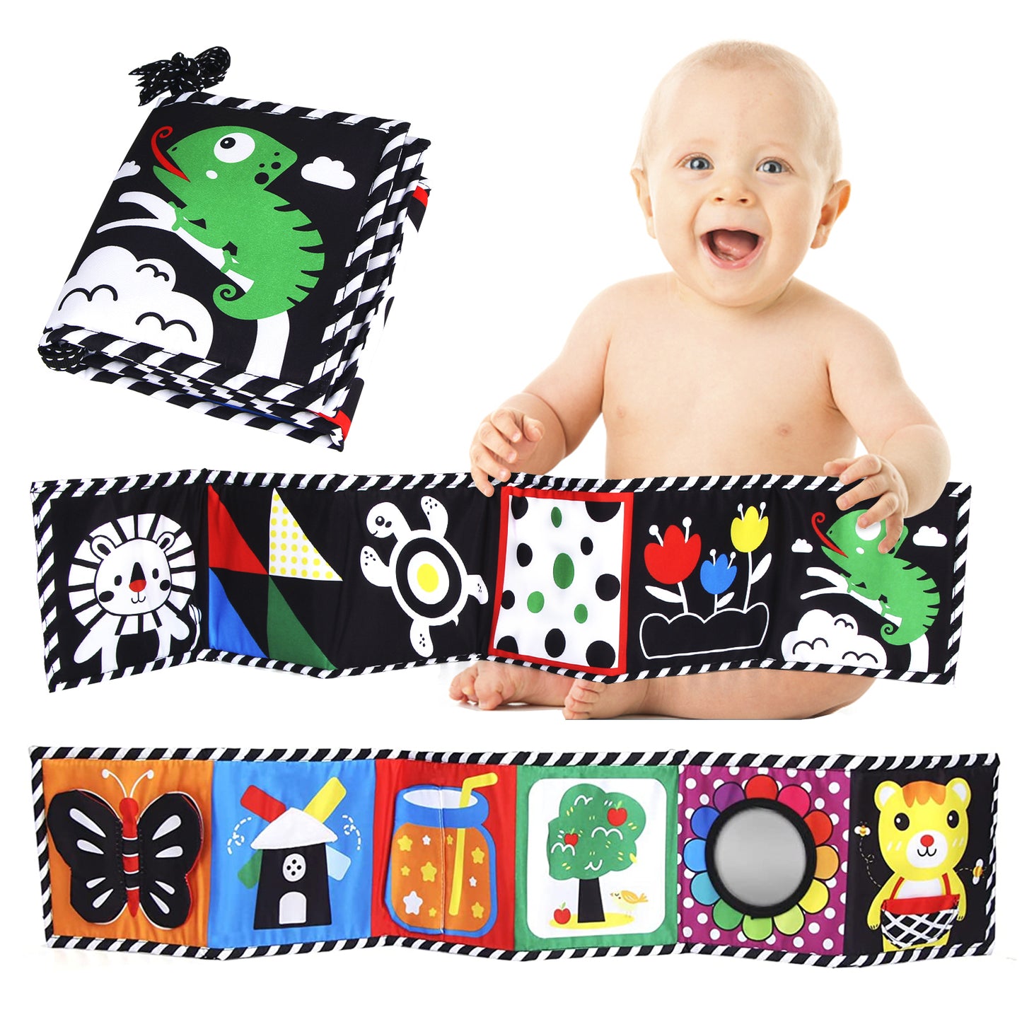 Joyfia Baby Toys 0-12 Months, High Contrast Baby Cloth Book for Newborns, Folding Infant Tummy Time Book with Mirror, Car Seat Stroller Crib Sensory Developmental Toys Boys Girls