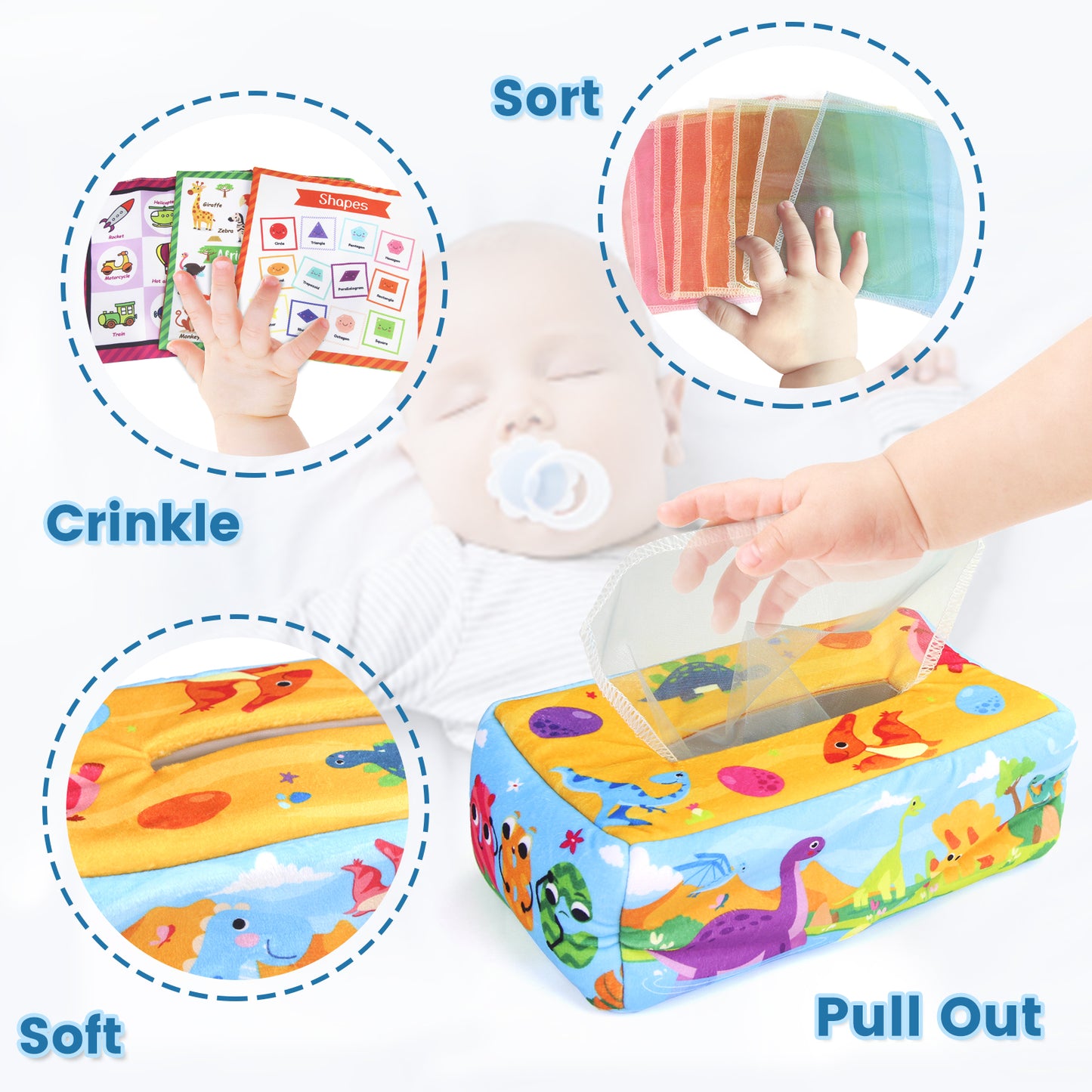 Joyfia Tissue Box Toy, Montessori Toys for Babies 0-12 Months, Soft High Contrast Crinkle Cloth Sensory Toys, Toddlers Infants Early Learning Developmental Gifts for 1+ Year Old Boys Girls Kids