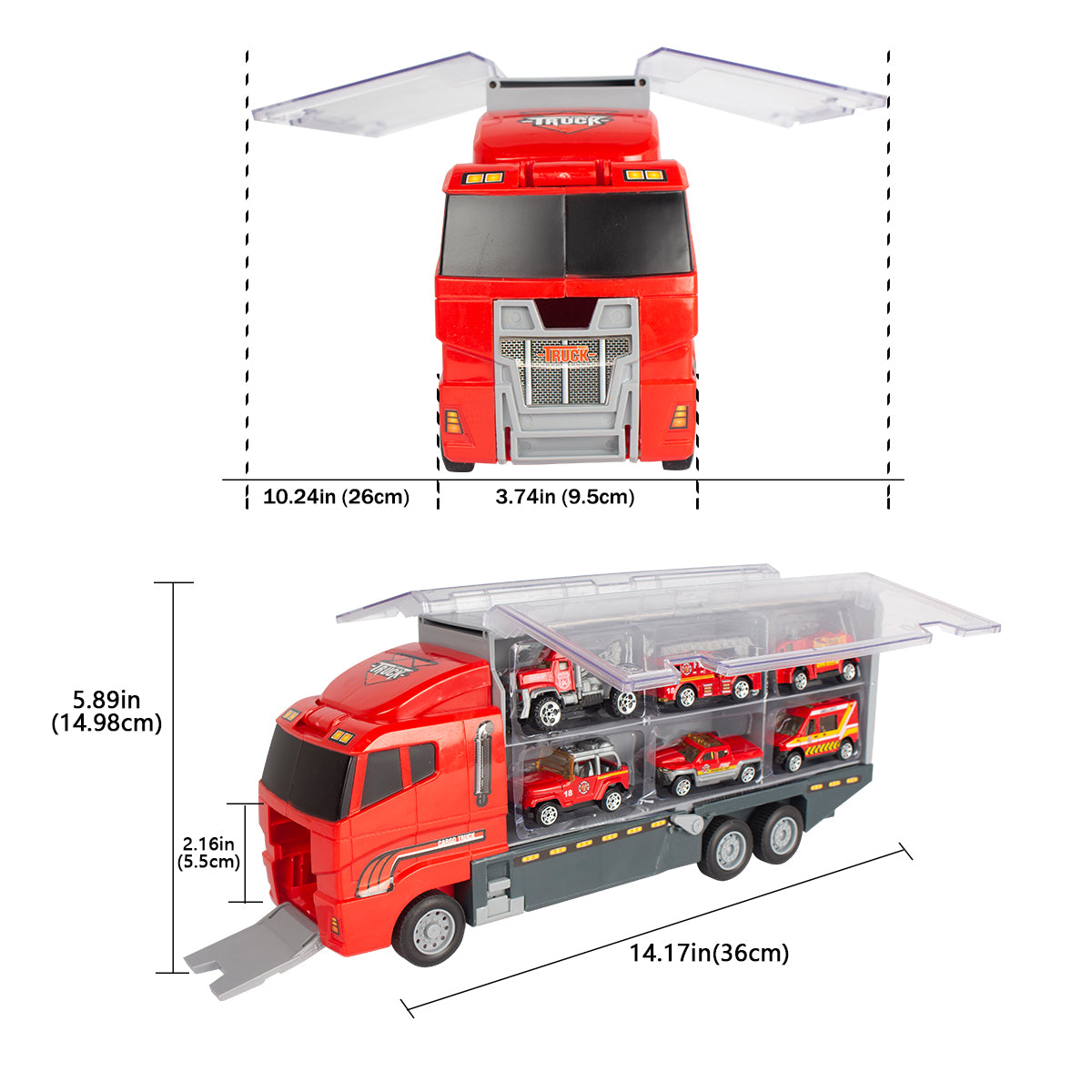 Joyfia 10 in 1 Fire Truck Toys, Mini Die-cast Fire Engine Car Toy Set in Carrier Truck, Rescue Emergency Double Side Transport Vehicle for 3 Years Old Boys and Girls