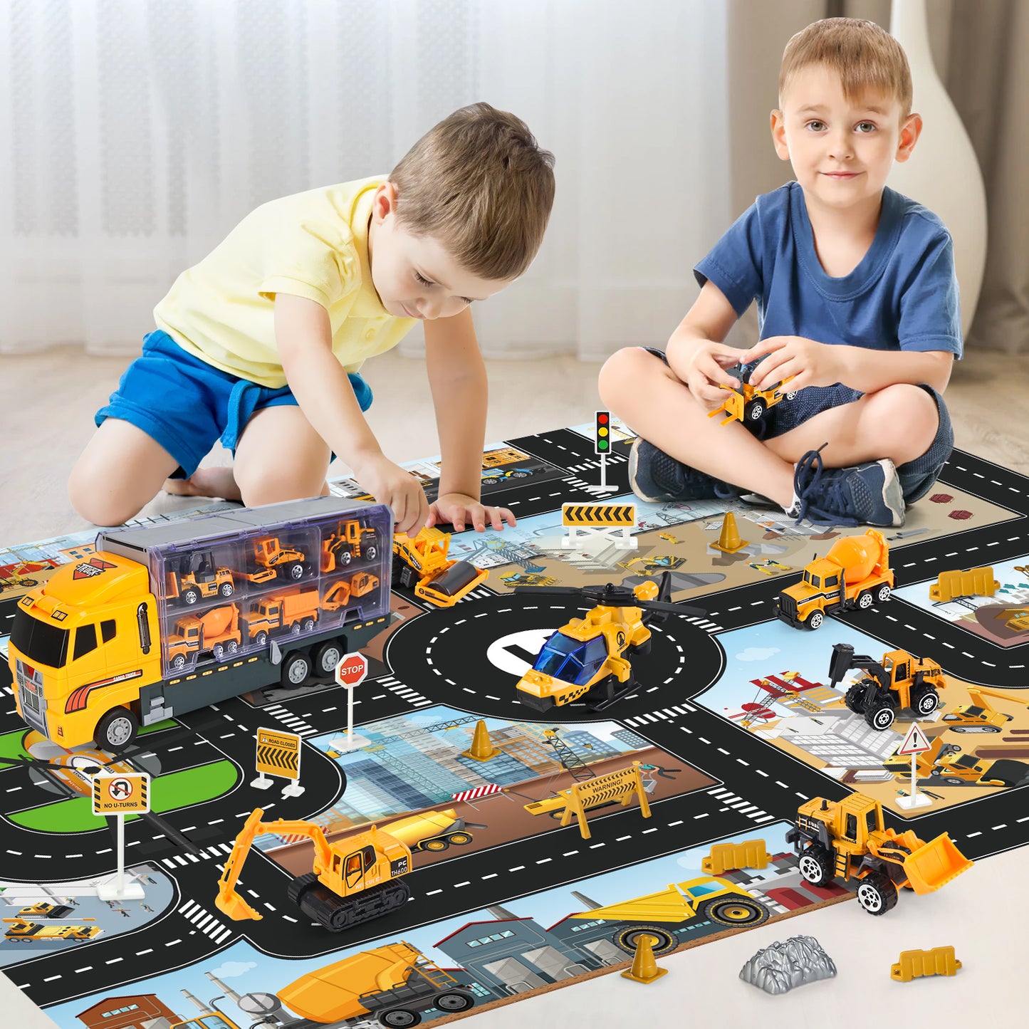 Joyfia Construction Vehicles for Boys, 11 in 1 Mini Construction Cars in Transport Carrier Truck, Kids Engineering Playset with Playmat, Excavator Bulldozer Toddlers Toys Gift for 3-8 Years Old