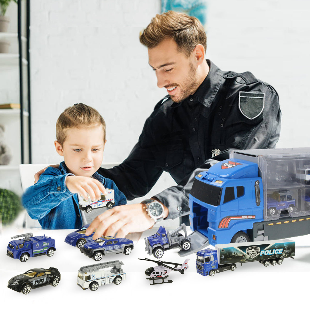 Joyfia 10 in 1 Police Toys, Die-cast Police Patrol Rescue Truck, Mini Police Vehicles in Carrier Car Toy Playset for 3+ Years Old Kids Boys Girls